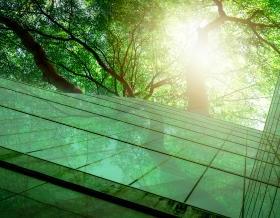 可持续绿色建筑. 环保的建筑. 可持续发展的玻璃办公楼，树木减少二氧化碳. 绿色办公环境. 企业建筑减少二氧化碳排放. Safety glass.